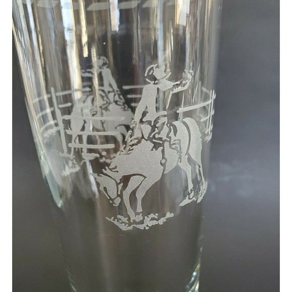 Vtg Rodeo Cowboy Bucking Bronco Tall Etched Pilsner Footed Beer Glass Western - Picture 1 of 9